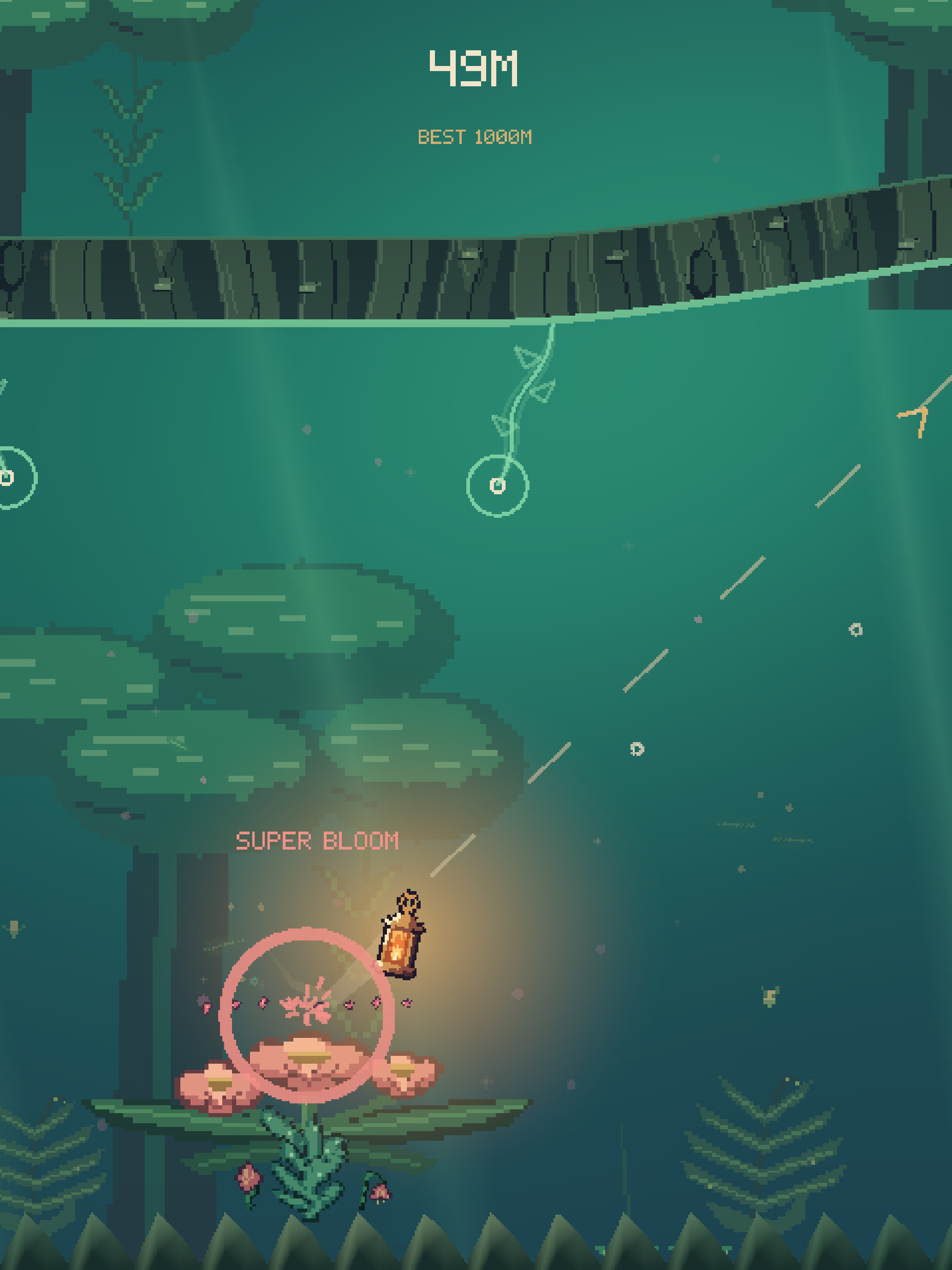 FRAYED gameplay: a glowing lantern swings past a pink Super Bloom in Rootwild’s green cavern.
