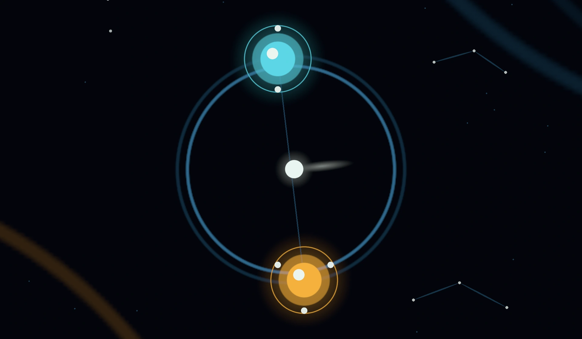 Orbital Dodge gameplay: cyan and amber orbs share a glowing orbit as comets approach.