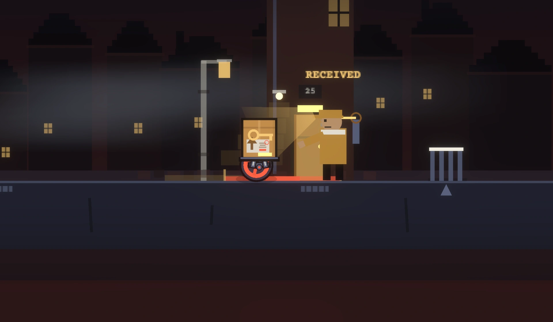 Undelivered gameplay: a single-wheel parcel stands beside a person on a lamplit night street.
