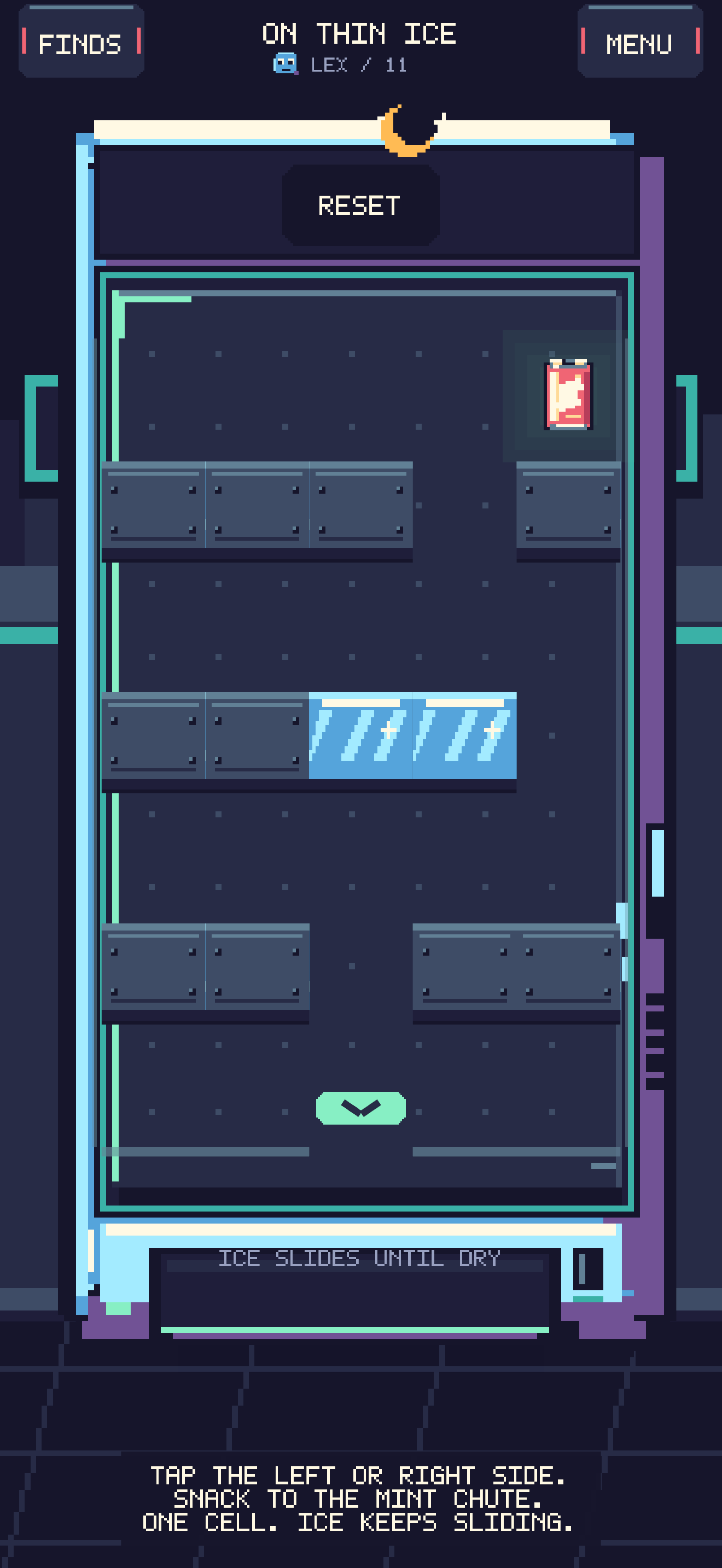 VENDALISM gameplay: a snack sits above shelves and ice inside Lex’s blue and purple cabinet, with a mint exit chute below.
